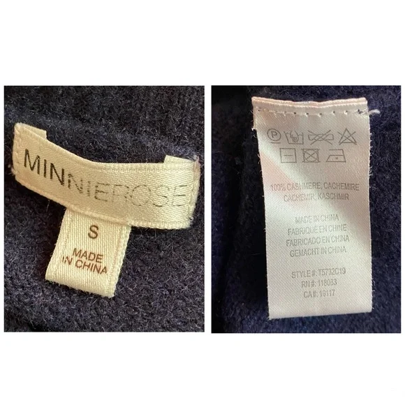 Minnie Rose Cashmere Frayed Edge Cropped Crew Neck Sweater Navy Blue Sz Small - Picture 4 of 6